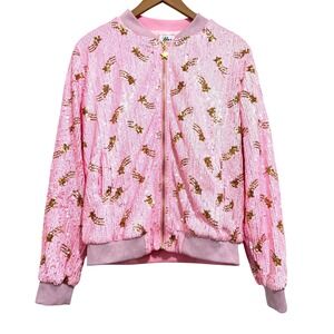Lola + The Boys Pink Sequin Galaxy Star Bomber Celestial Size Medium Festival